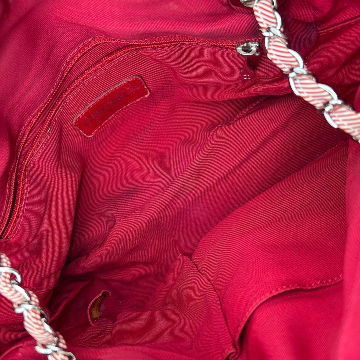 Chanel Pink White Striped Fabric Puffer Chain Tote Bag [Used]