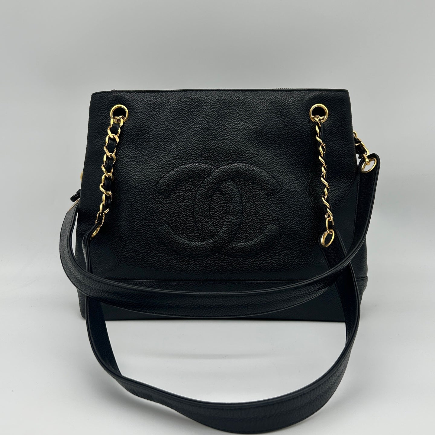 Chanel CC Logo Calfskin Tote Bag Black Gold [Used]