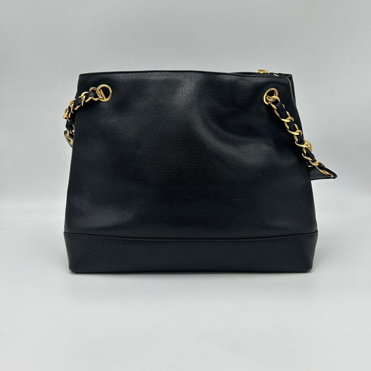 Chanel CC Logo Calfskin Tote Bag Black Gold [Used]