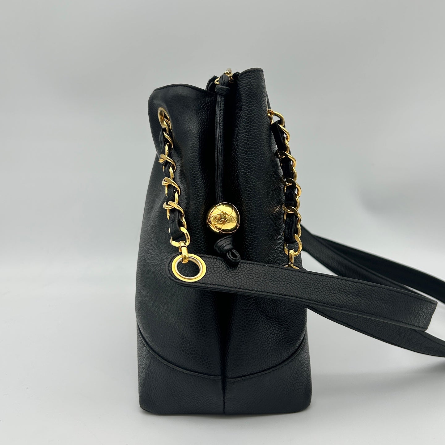 Chanel CC Logo Calfskin Tote Bag Black Gold [Used]