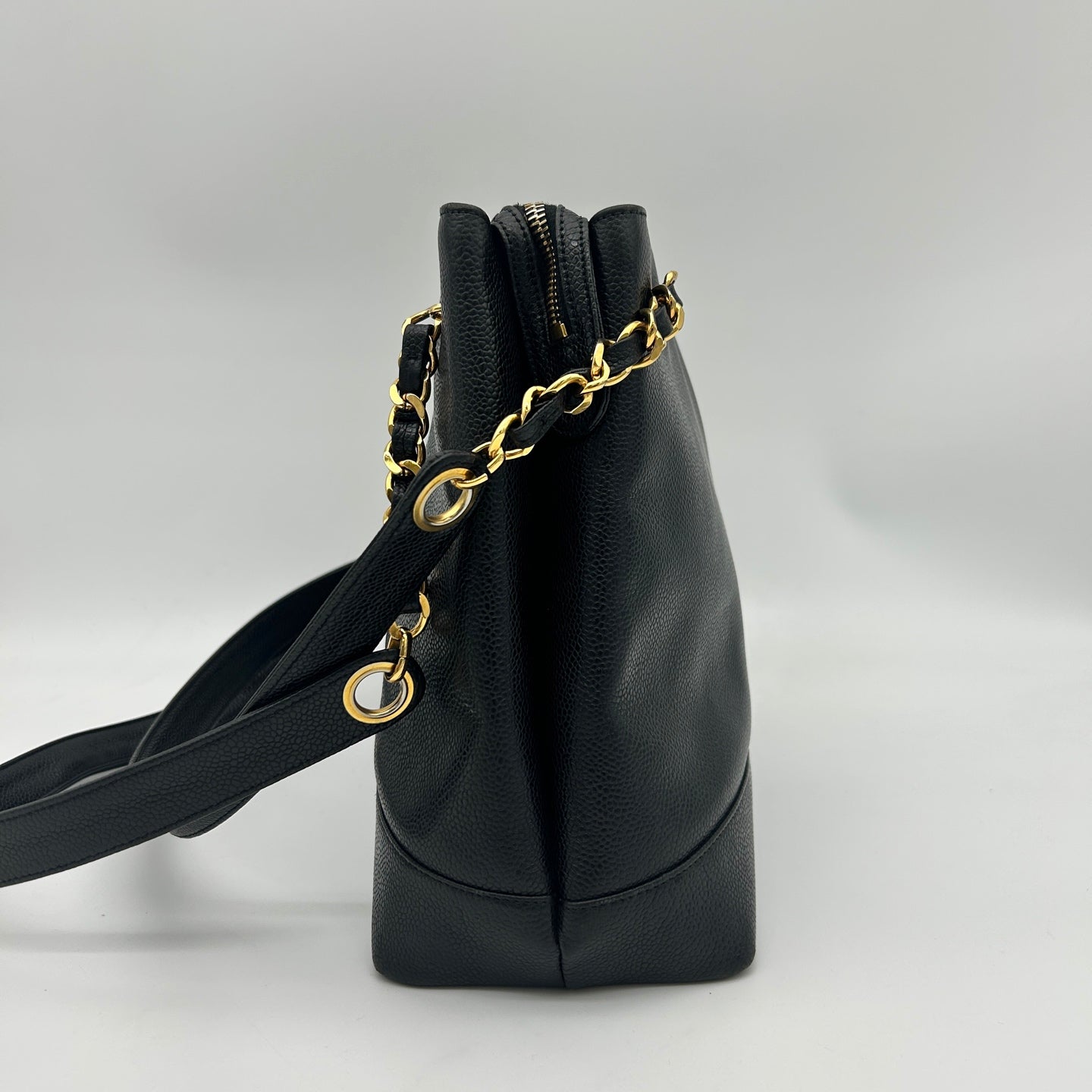 Chanel CC Logo Calfskin Tote Bag Black Gold [Used]