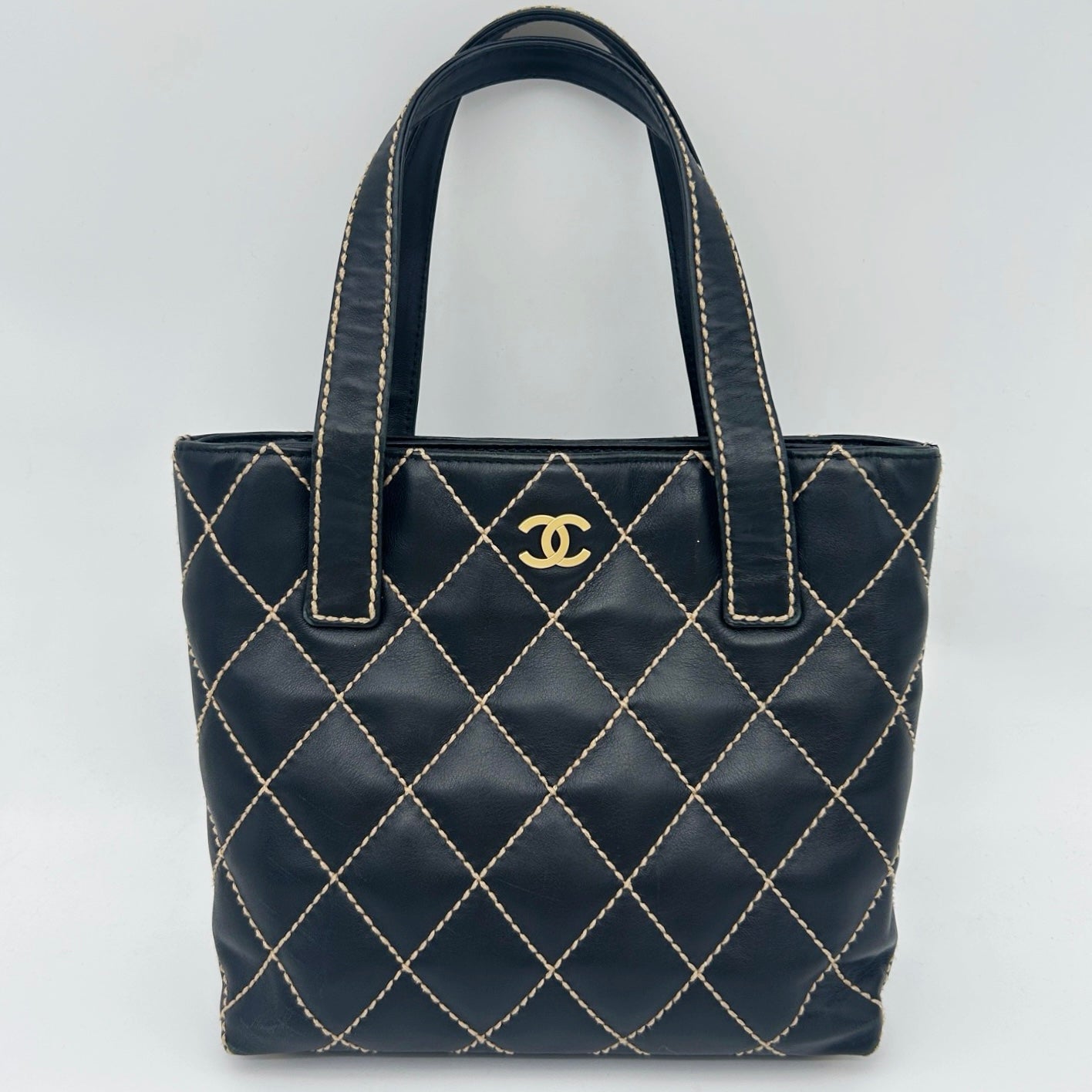 Chanel Vintage Black Calfskin Wild Stitch Tote Bag Gold Hardware [Used]
