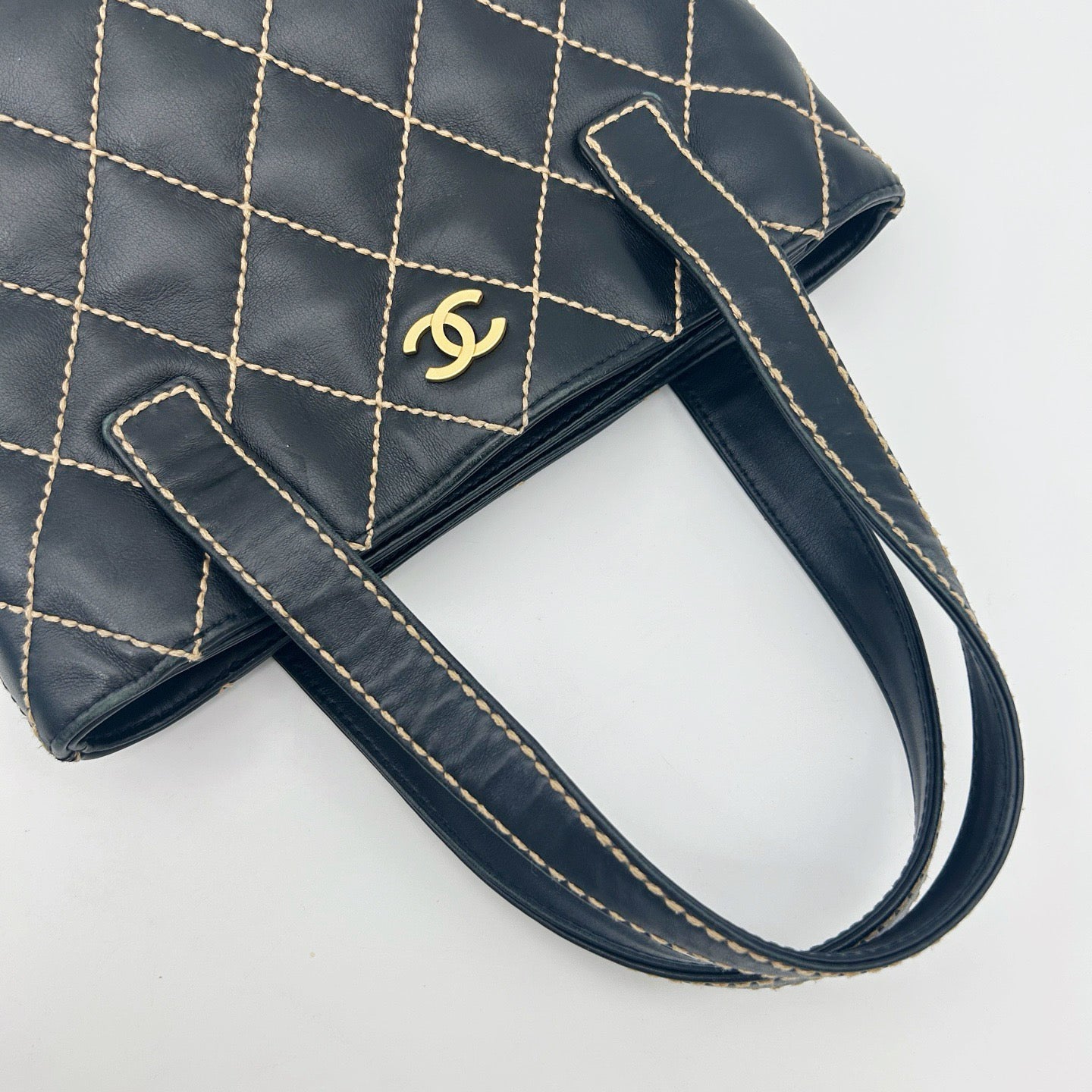 Chanel Vintage Black Calfskin Wild Stitch Tote Bag Gold Hardware [Used]