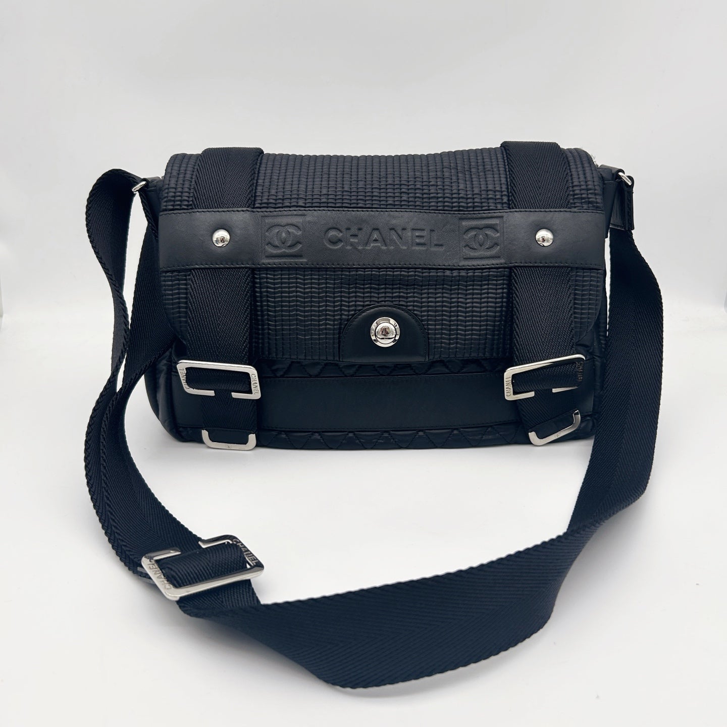 Chanel Black Nylon Down & Leather Sport Messenger Bag Silver Hardware [Used]