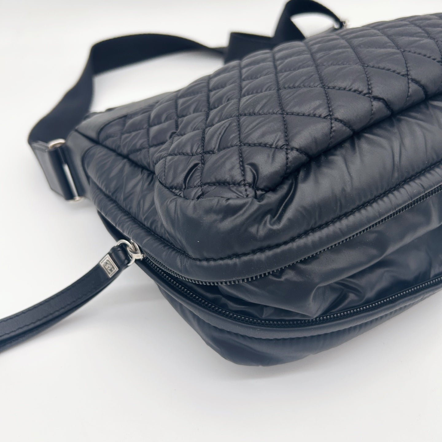 Chanel Black Nylon Down & Leather Sport Messenger Bag Silver Hardware [Used]
