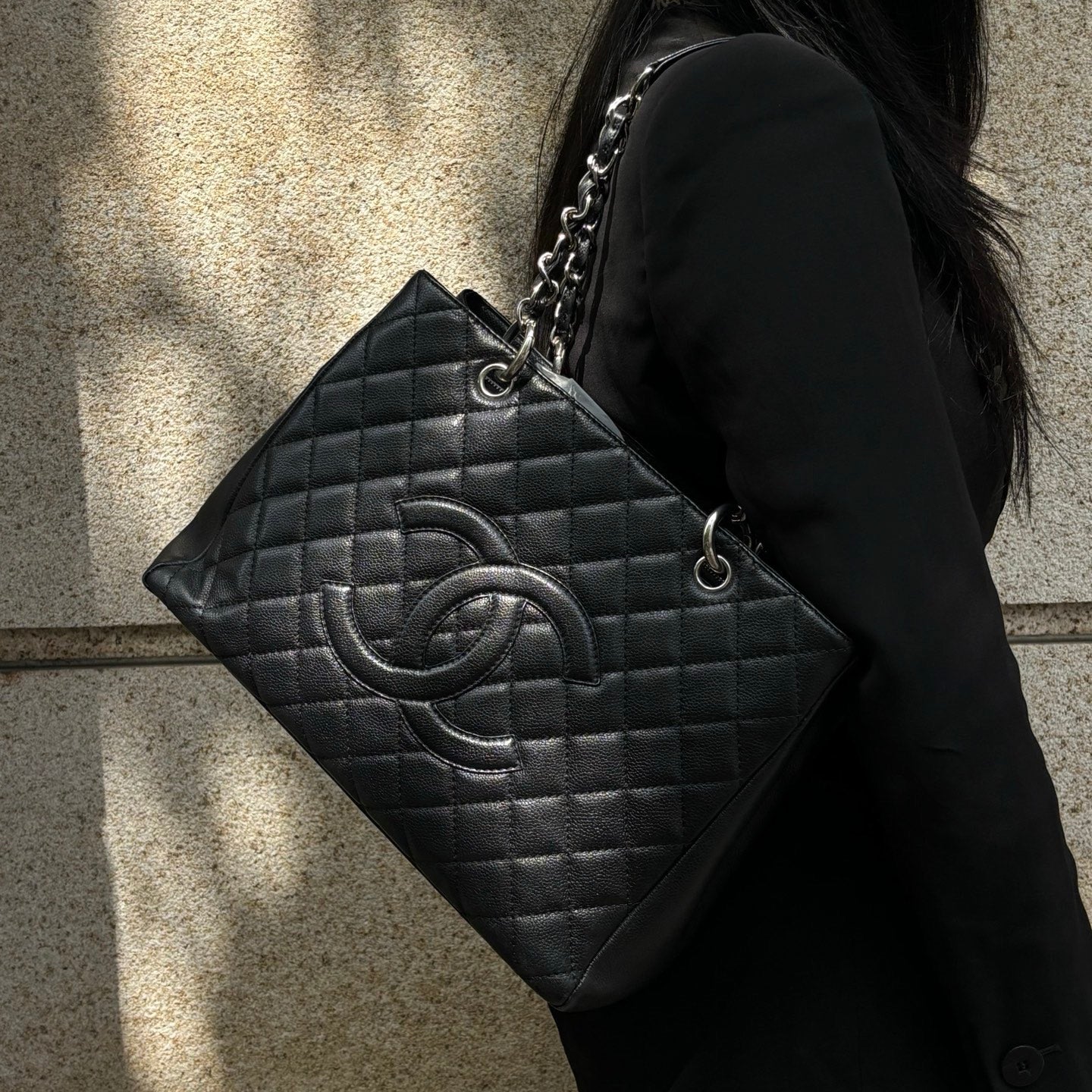 Chanel Black Caviar Leather GST Tote Bag Silver Hardware [Used]