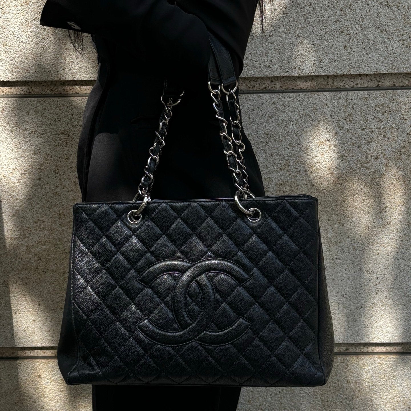 Chanel Black Caviar Leather GST Tote Bag Silver Hardware [Used]