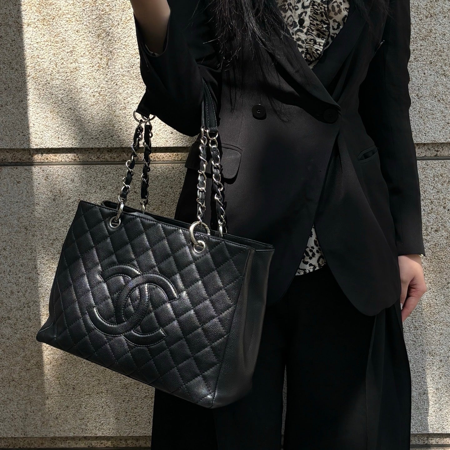 Chanel Black Caviar Leather GST Tote Bag Silver Hardware [Used]
