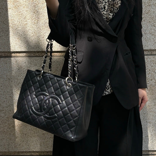 Chanel Black Caviar Leather GST Tote Bag Silver Hardware [Used]