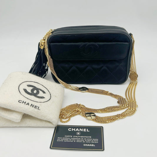 Chanel Satin Chain Camera Bag with Gold Ball Tassel in Black and Gold [Used]