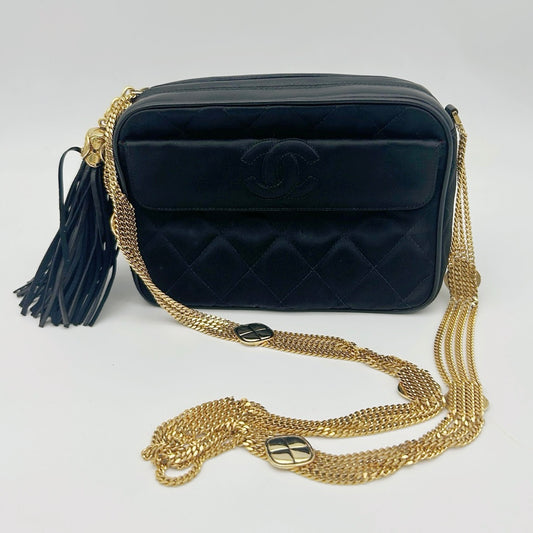 Chanel Satin Chain Camera Bag with Gold Ball Tassel in Black and Gold [Used]