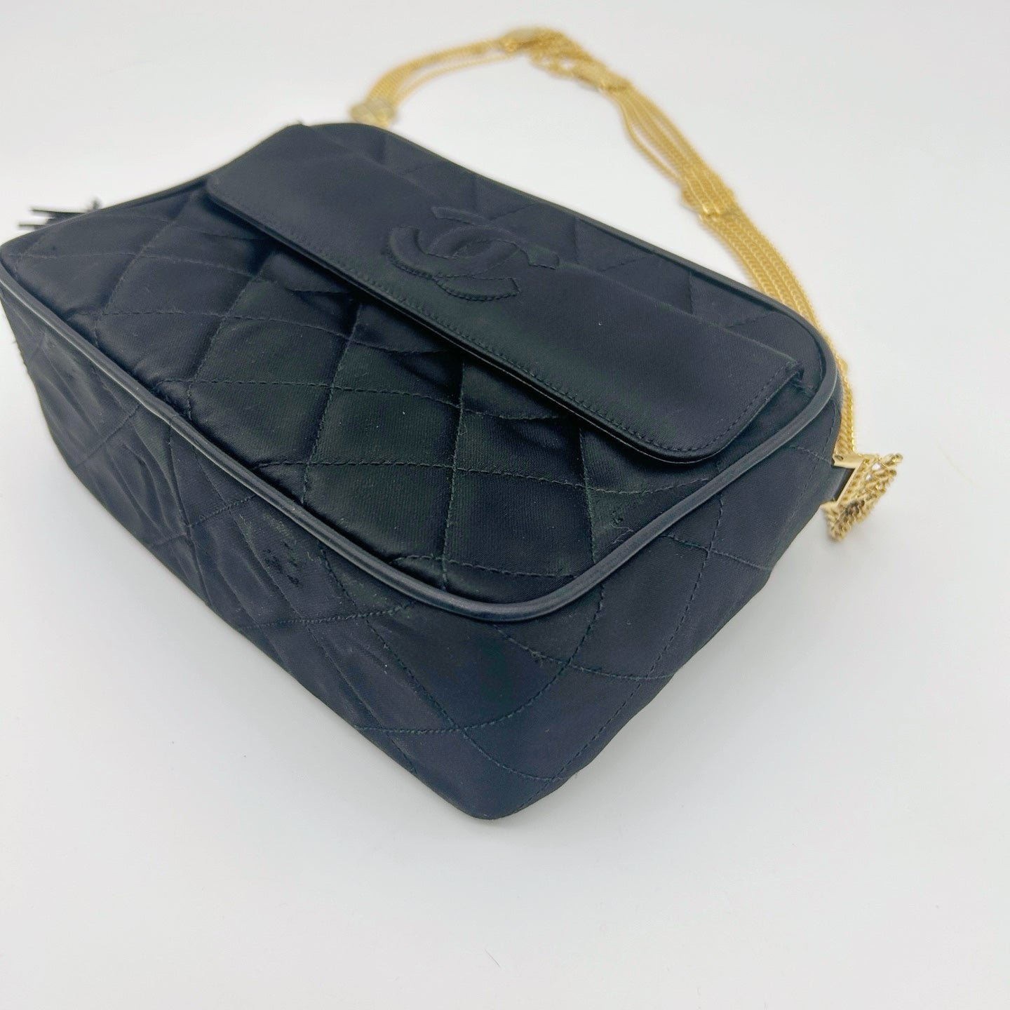 Chanel Satin Chain Camera Bag with Gold Ball Tassel in Black and Gold [Used]