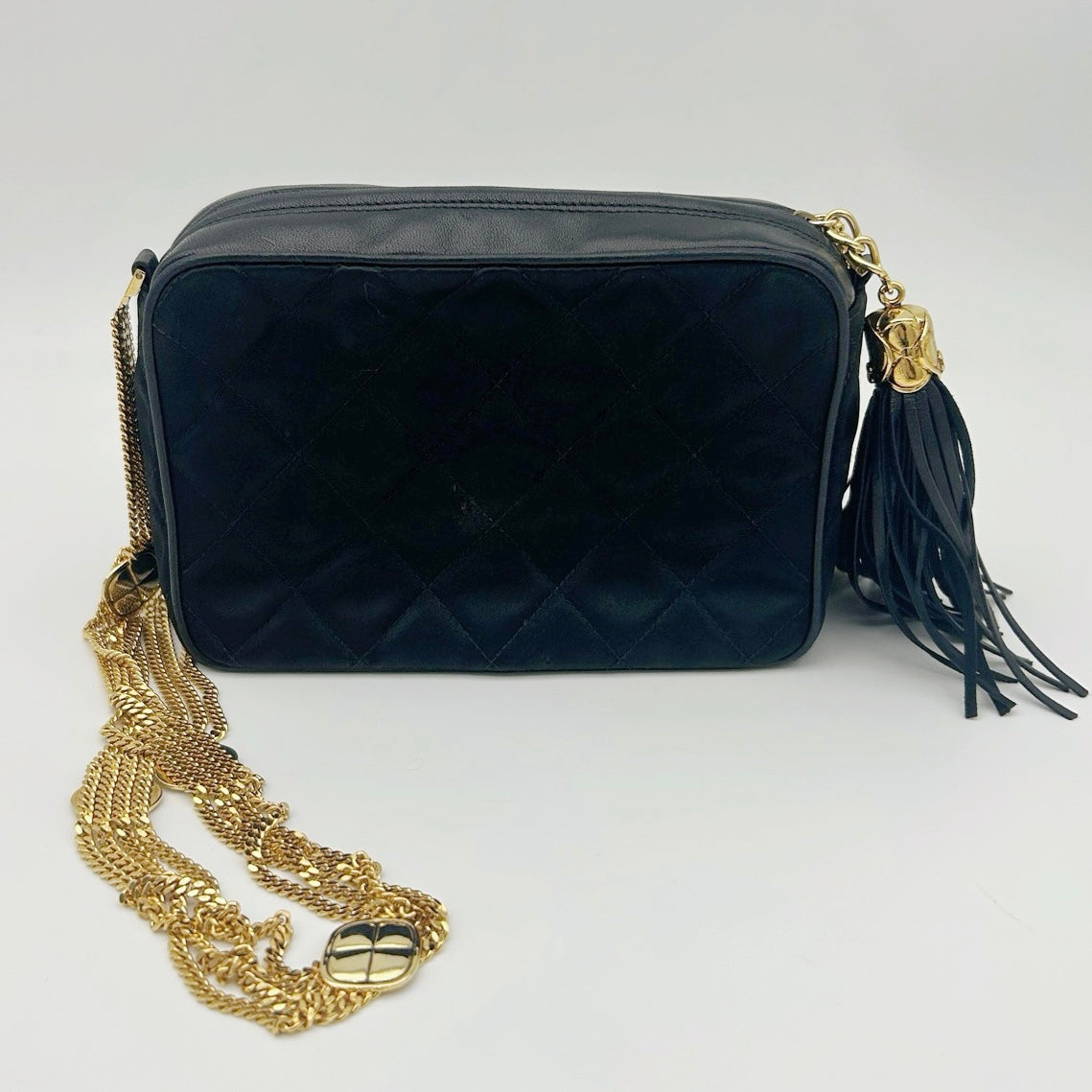 Chanel Satin Chain Camera Bag with Gold Ball Tassel in Black and Gold [Used]