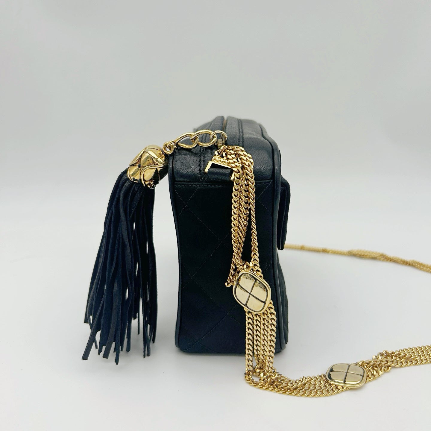 Chanel Satin Chain Camera Bag with Gold Ball Tassel in Black and Gold [Used]