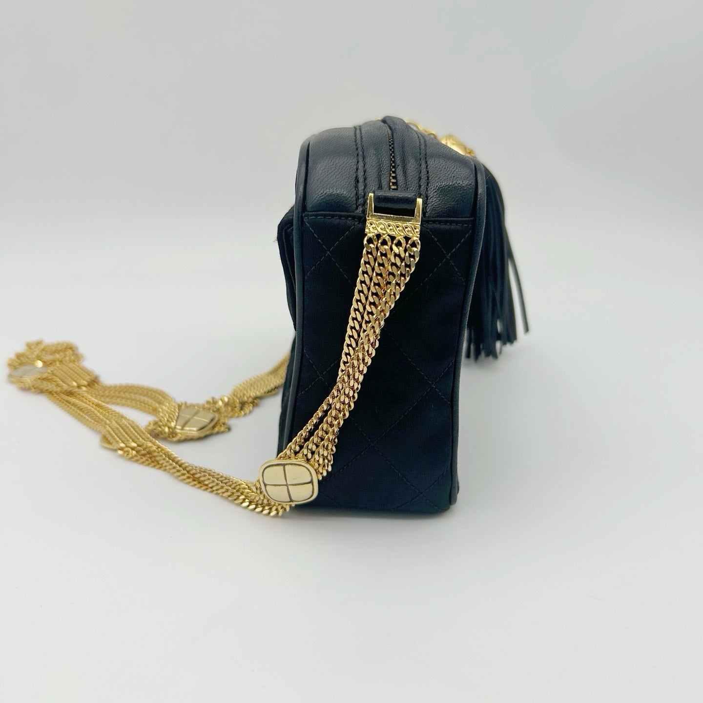 Chanel Satin Chain Camera Bag with Gold Ball Tassel in Black and Gold [Used]