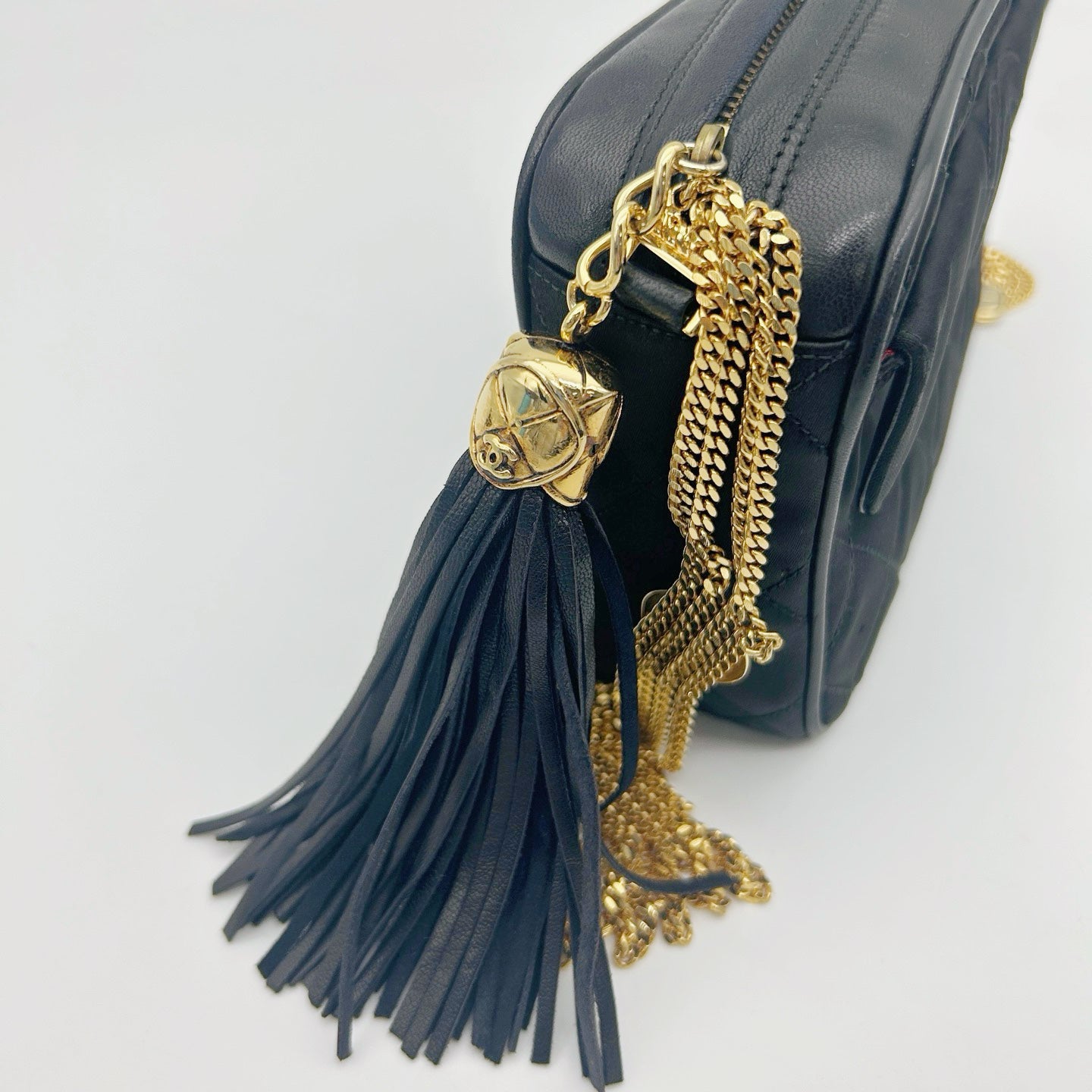 Chanel Satin Chain Camera Bag with Gold Ball Tassel in Black and Gold [Used]