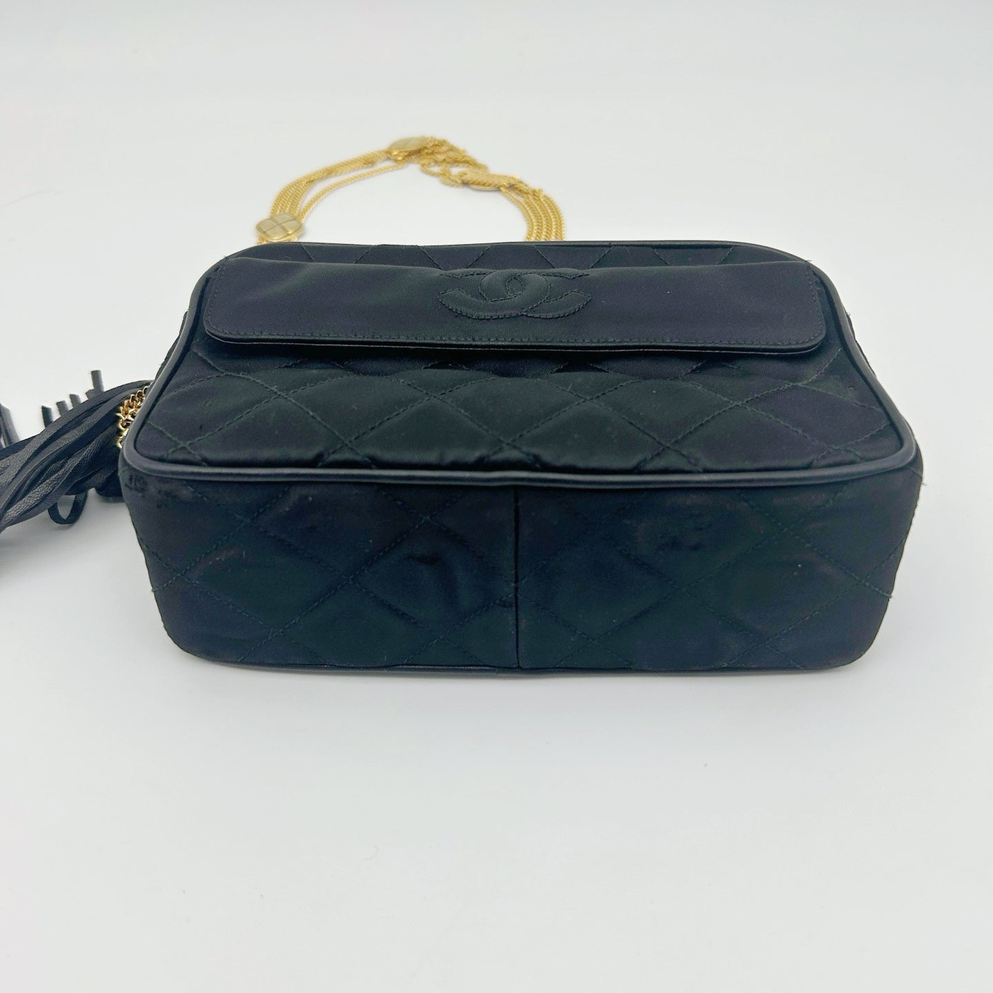 Chanel Satin Chain Camera Bag with Gold Ball Tassel in Black and Gold [Used]