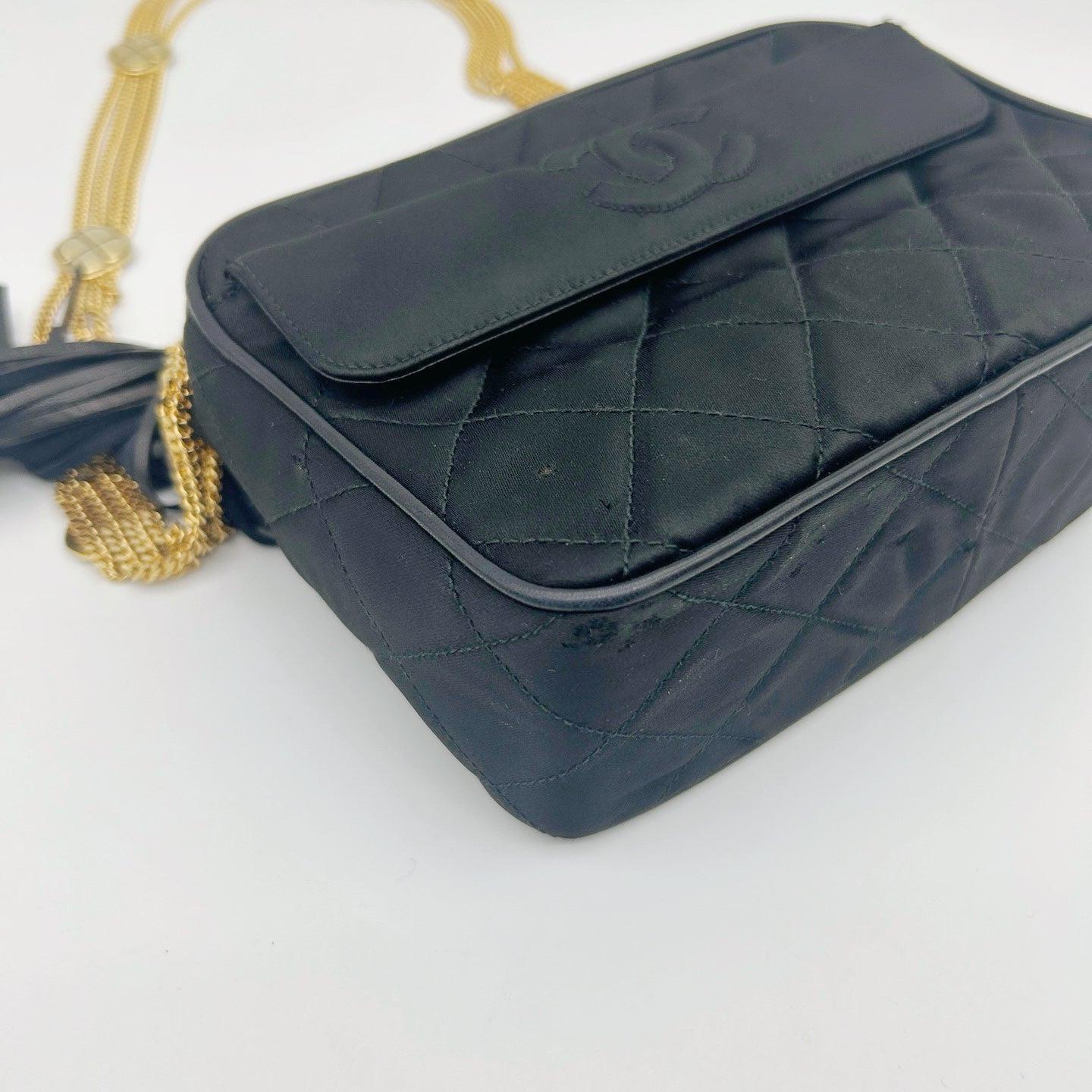 Chanel Satin Chain Camera Bag with Gold Ball Tassel in Black and Gold [Used]