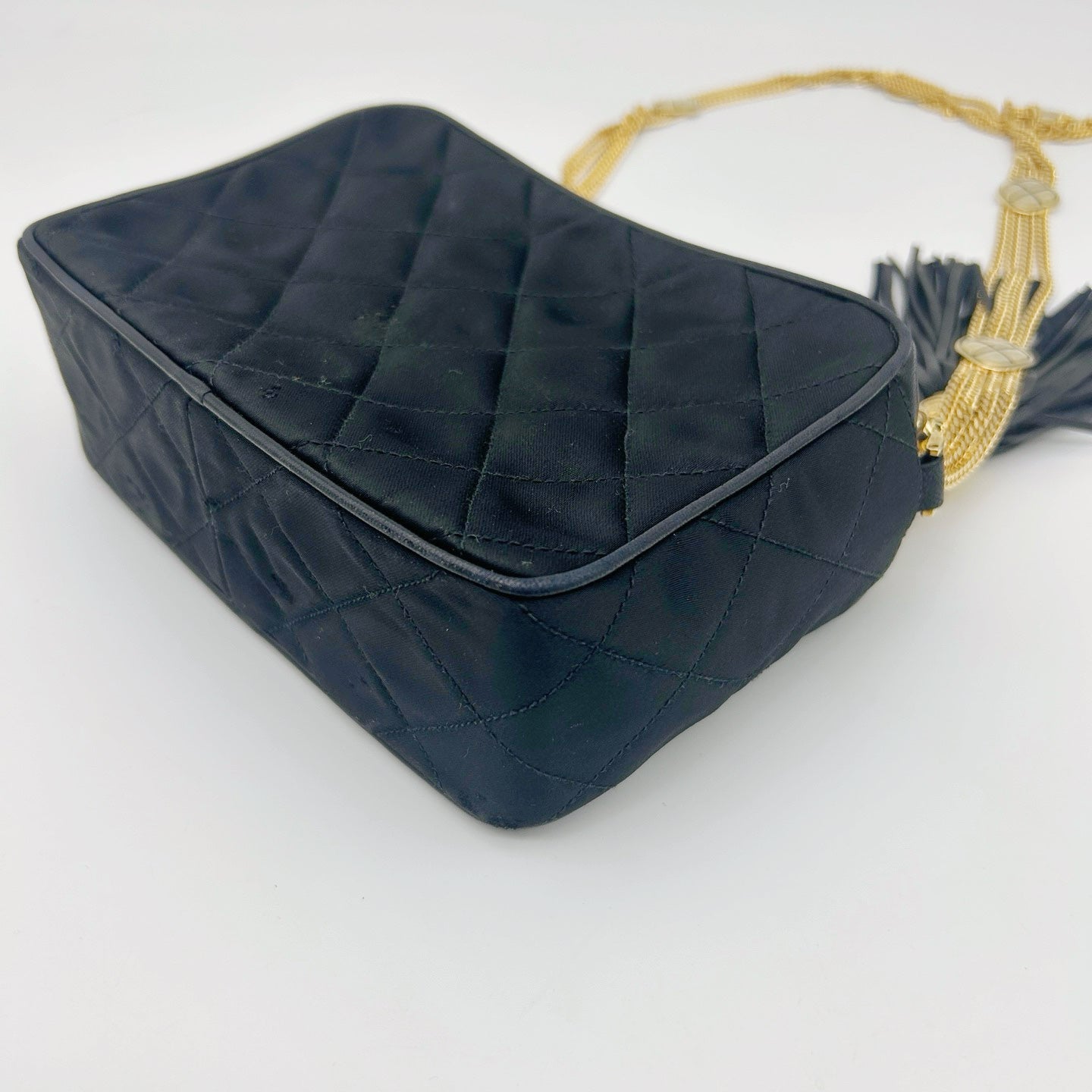 Chanel Satin Chain Camera Bag with Gold Ball Tassel in Black and Gold [Used]