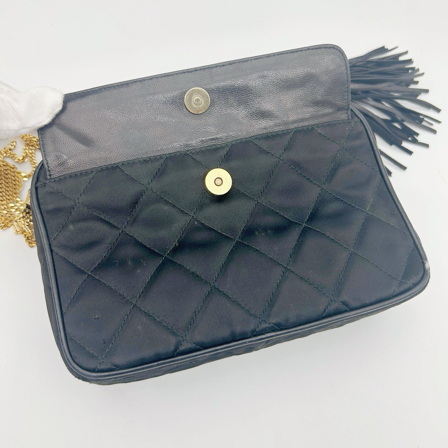 Chanel Satin Chain Camera Bag with Gold Ball Tassel in Black and Gold [Used]