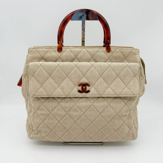 Chanel Linen and Canvas Tote Bag with Tortoiseshell Handles in Beige and Black [Used]