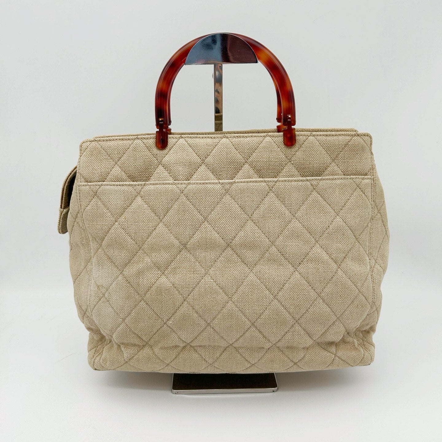 Chanel Linen and Canvas Tote Bag with Tortoiseshell Handles in Beige and Black [Used]