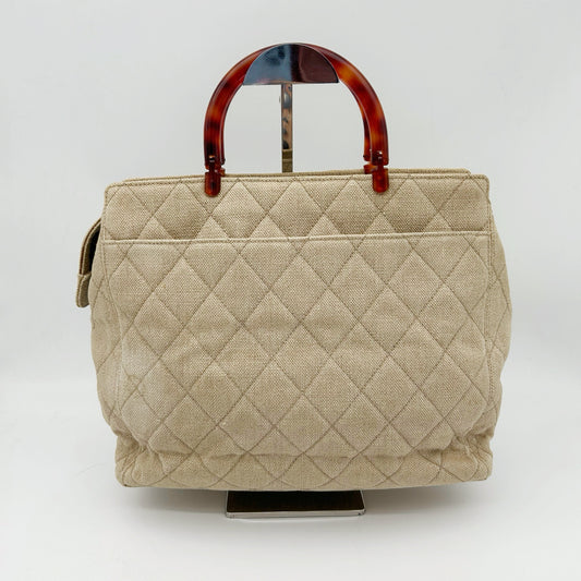 Chanel Linen and Canvas Tote Bag with Tortoiseshell Handles in Beige and Black [Used]