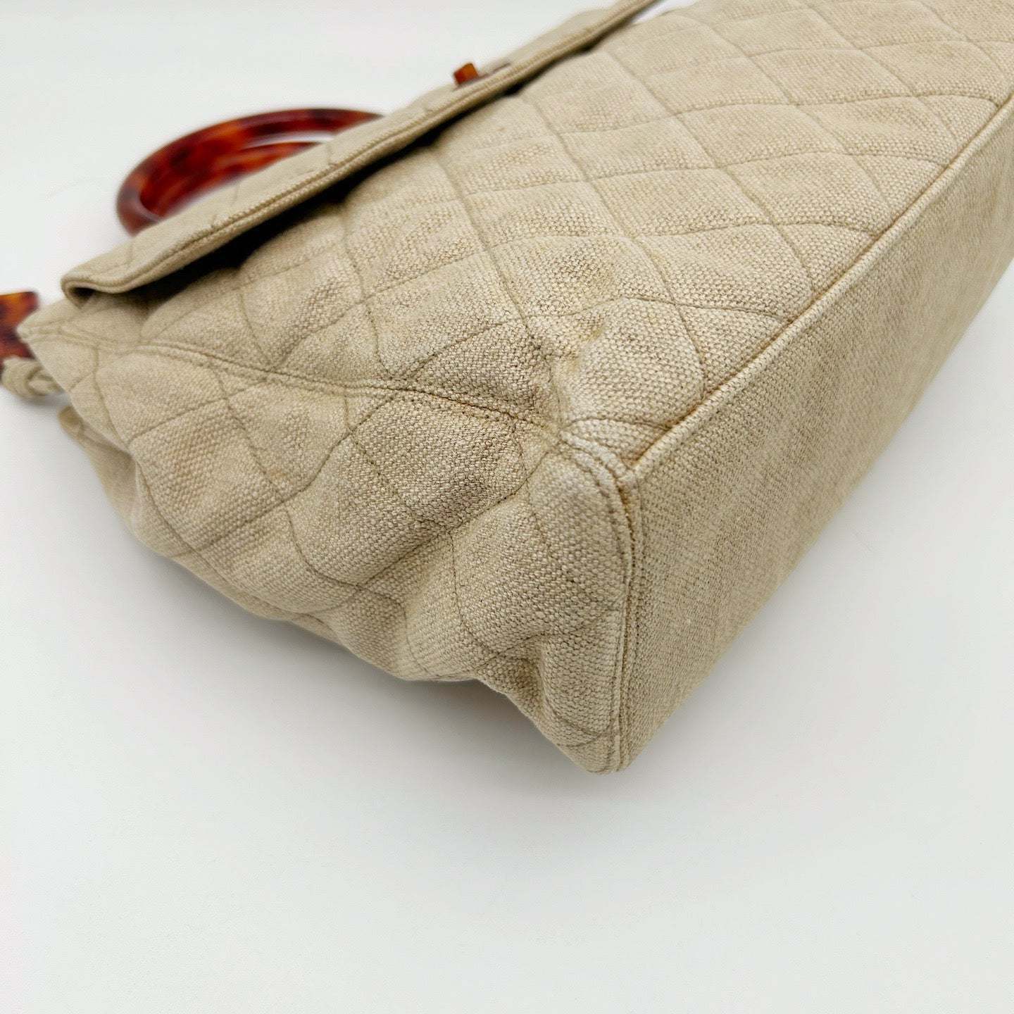 Chanel Linen and Canvas Tote Bag with Tortoiseshell Handles in Beige and Black [Used]