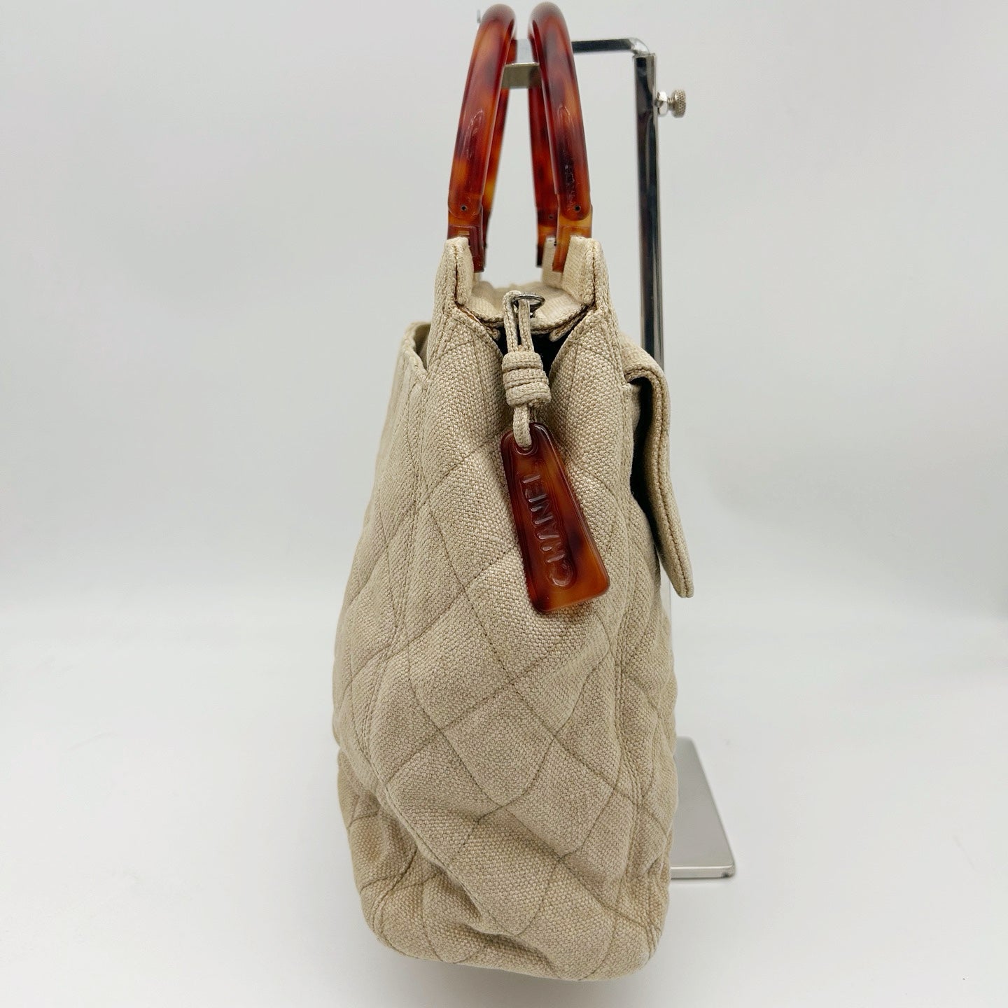 Chanel Linen and Canvas Tote Bag with Tortoiseshell Handles in Beige and Black [Used]