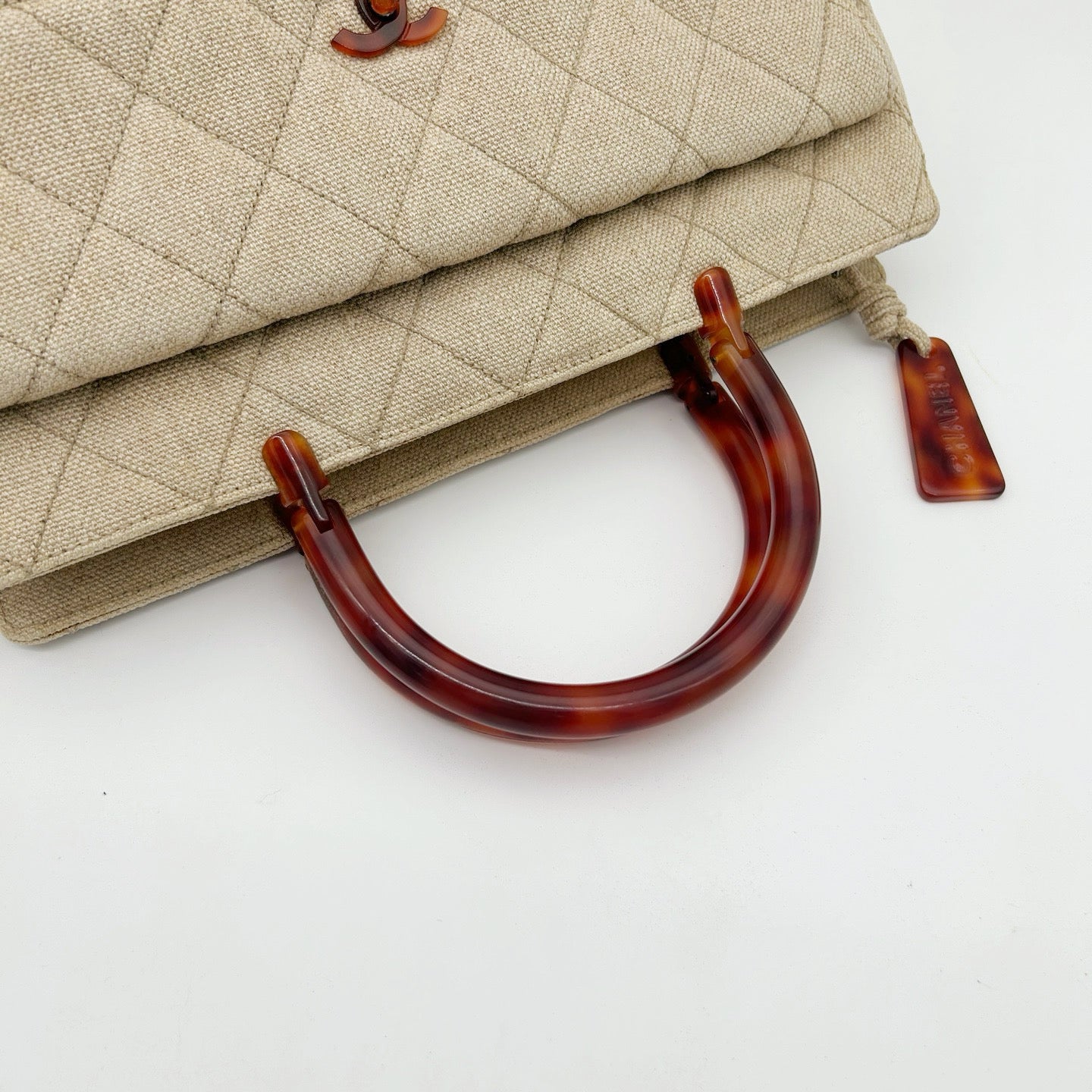 Chanel Linen and Canvas Tote Bag with Tortoiseshell Handles in Beige and Black [Used]