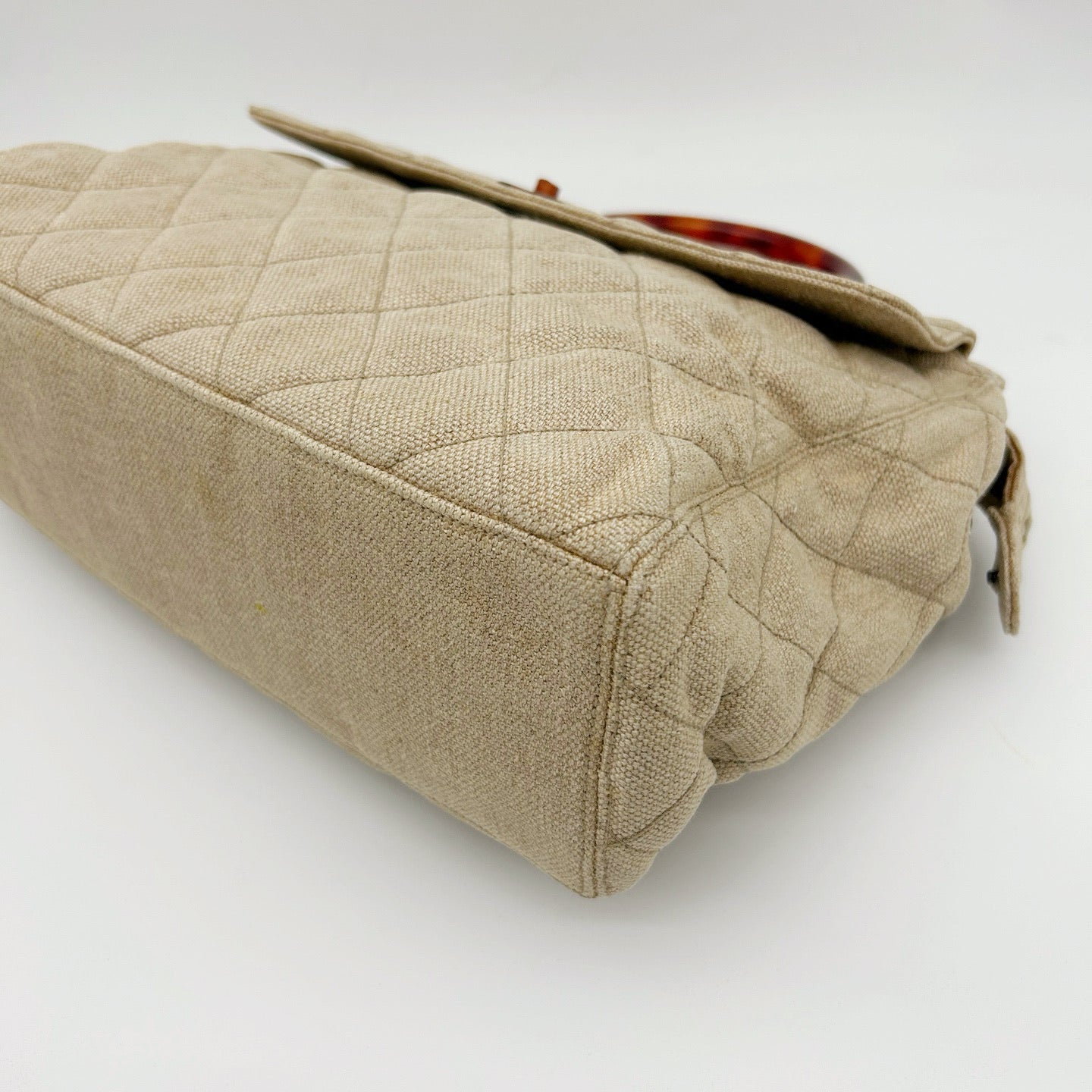 Chanel Linen and Canvas Tote Bag with Tortoiseshell Handles in Beige and Black [Used]
