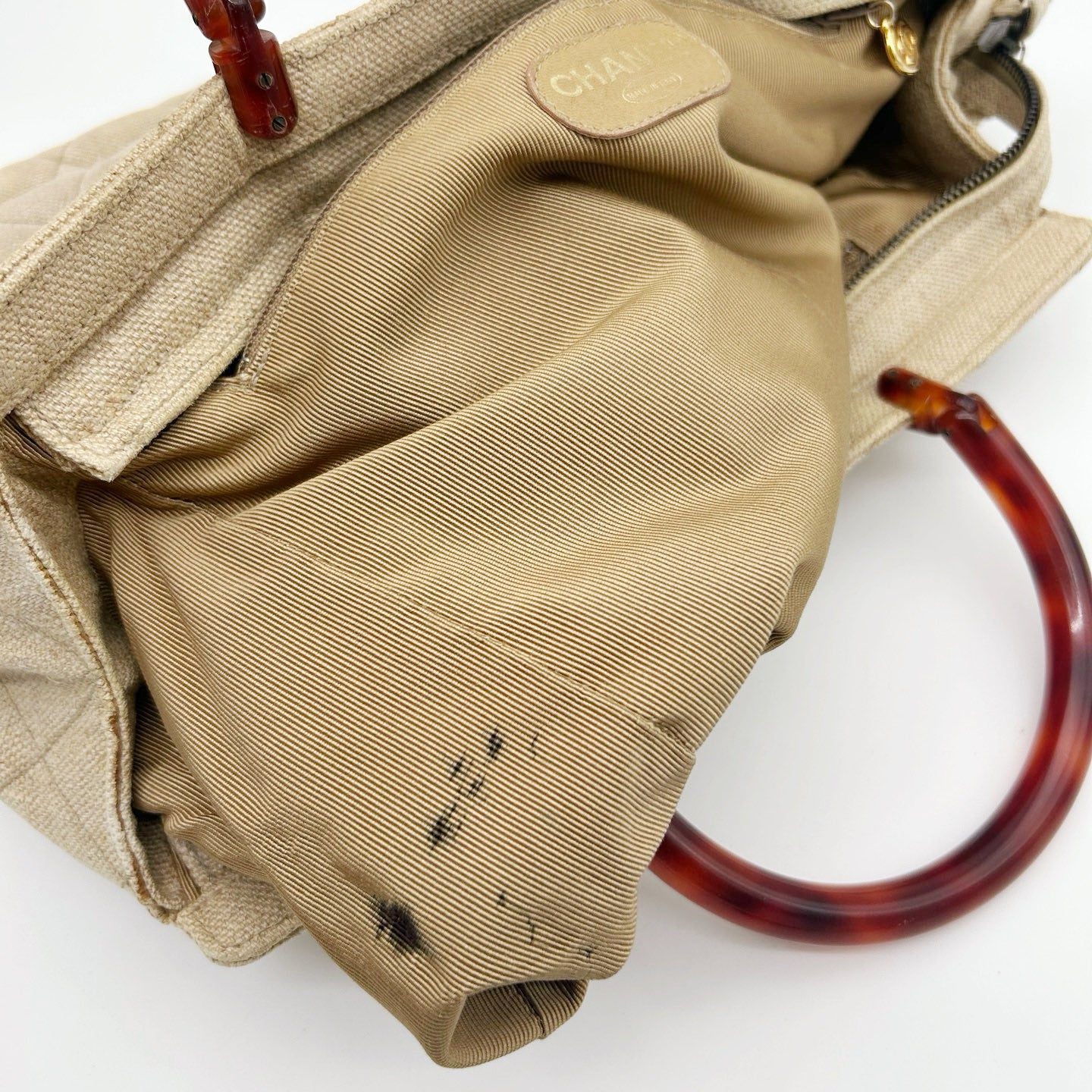 Chanel Linen and Canvas Tote Bag with Tortoiseshell Handles in Beige and Black [Used]