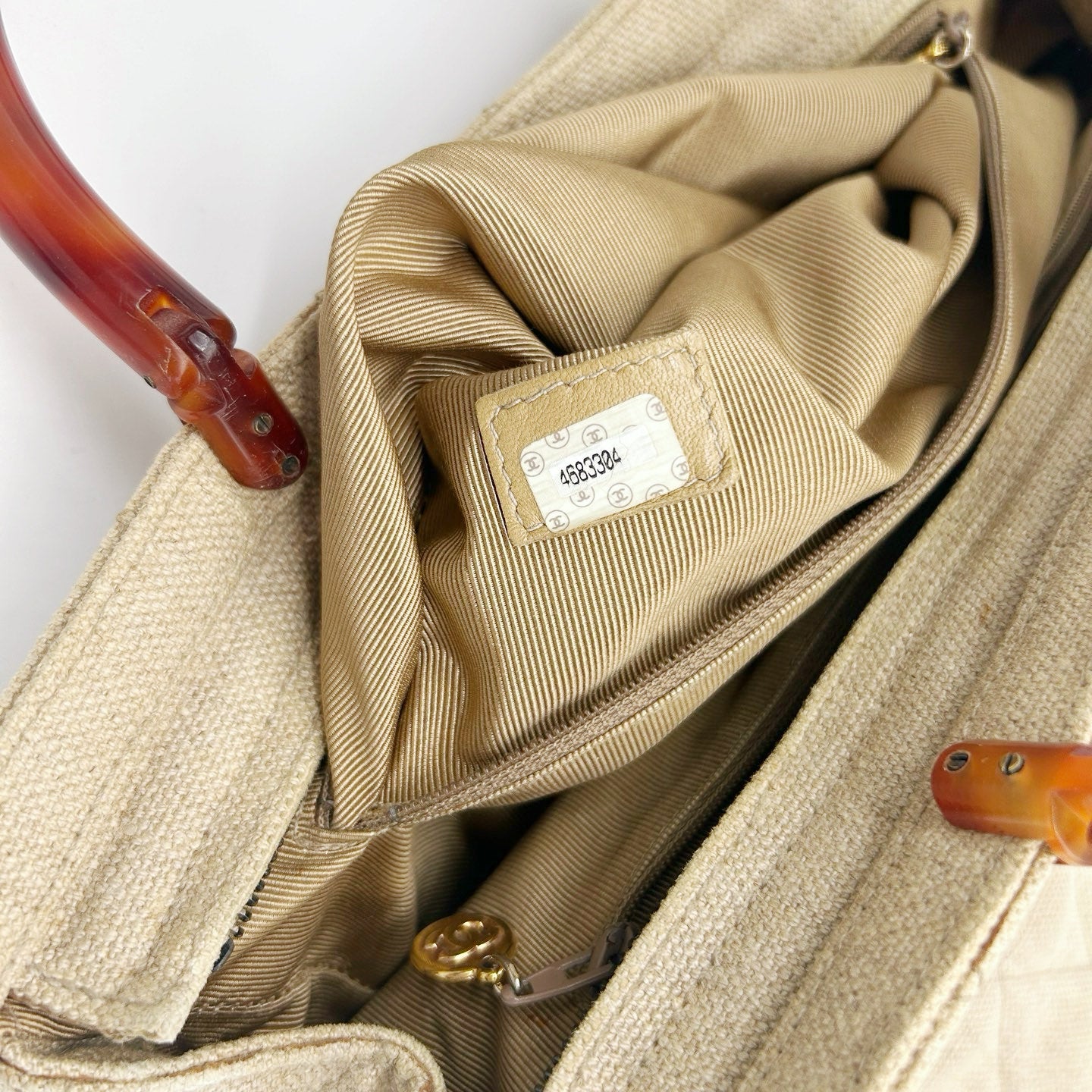 Chanel Linen and Canvas Tote Bag with Tortoiseshell Handles in Beige and Black [Used]