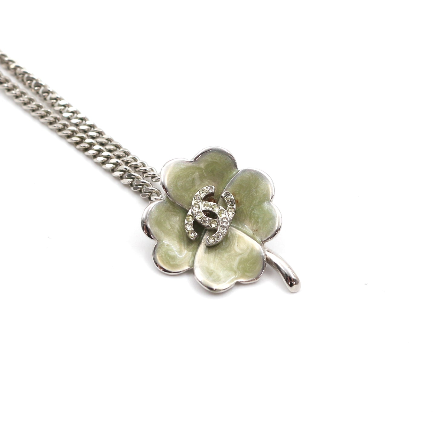 Chanel Green Enamel Crystal Clover Necklace 04P [Used]