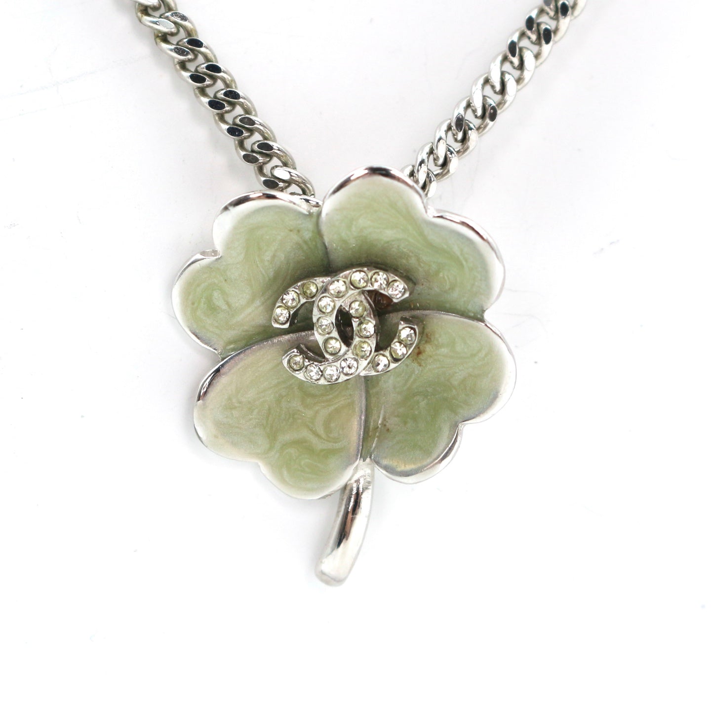 Chanel Green Enamel Crystal Clover Necklace 04P [Used]