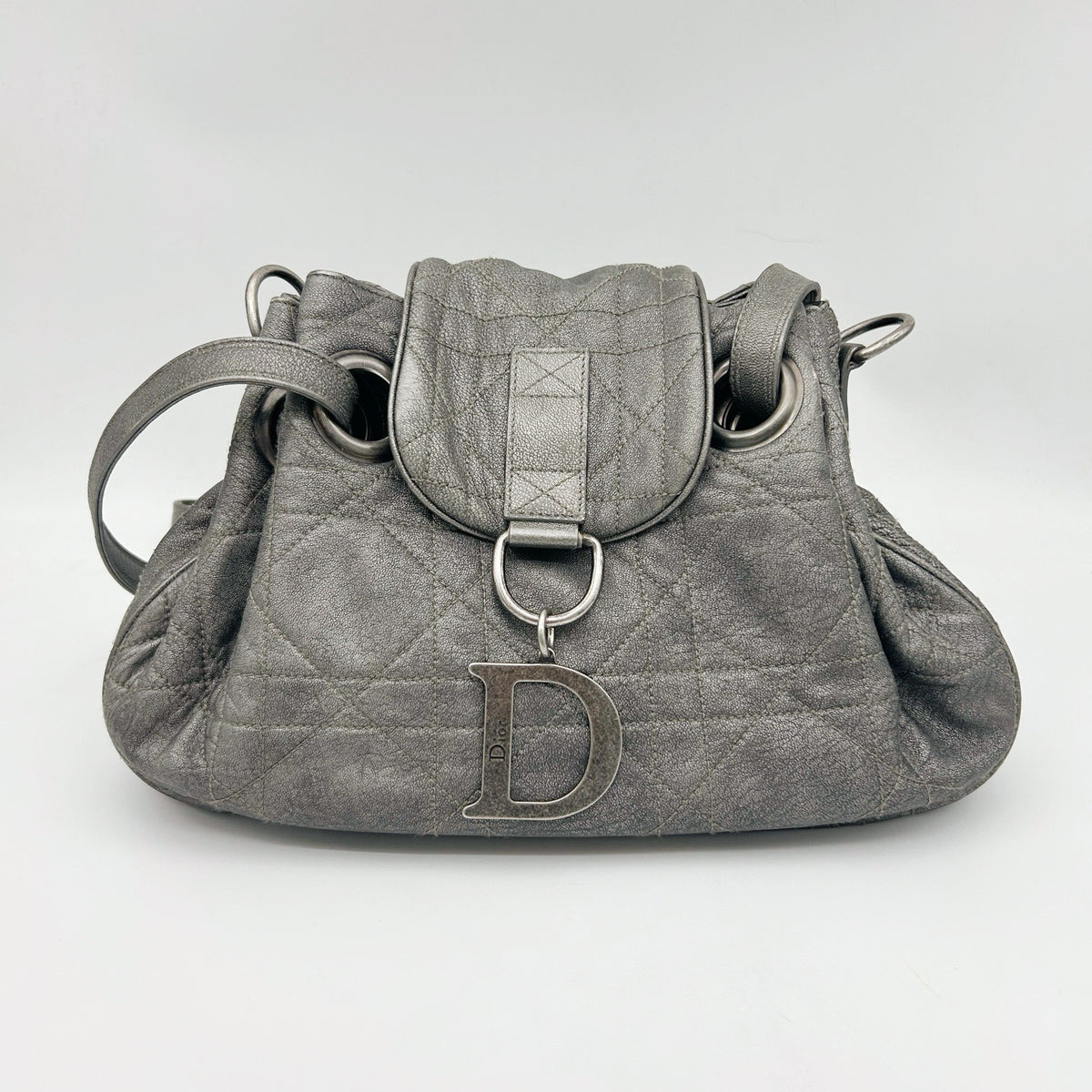 Christian Dior Cannage Drawstring Shoulder Bag Silver [Used]