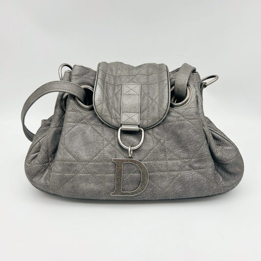 Christian Dior Cannage Drawstring Shoulder Bag Silver [Used]