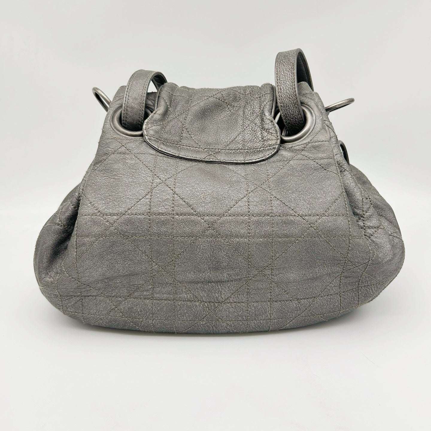 Christian Dior Cannage Drawstring Shoulder Bag Silver [Used]