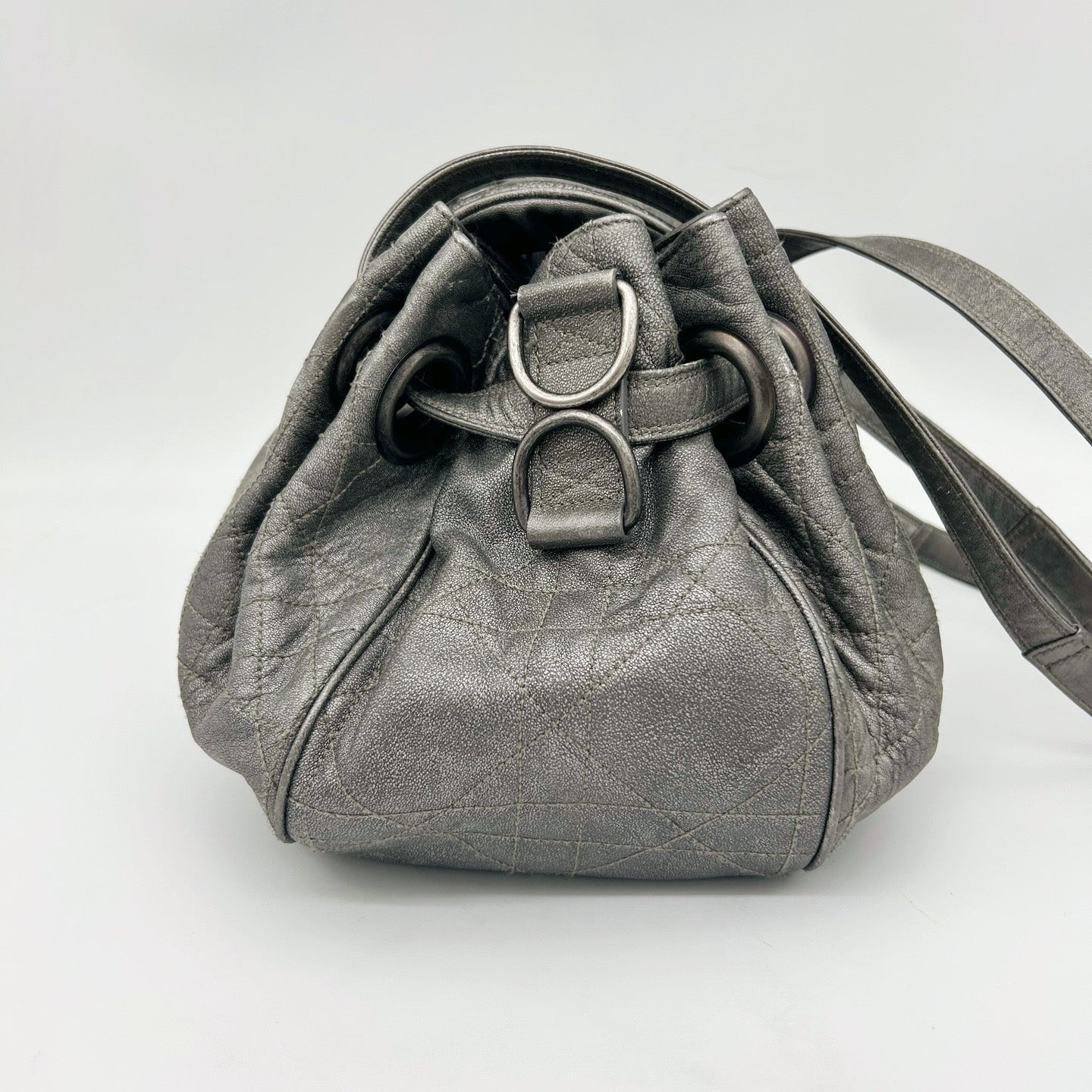 Christian Dior Cannage Drawstring Shoulder Bag Silver [Used]