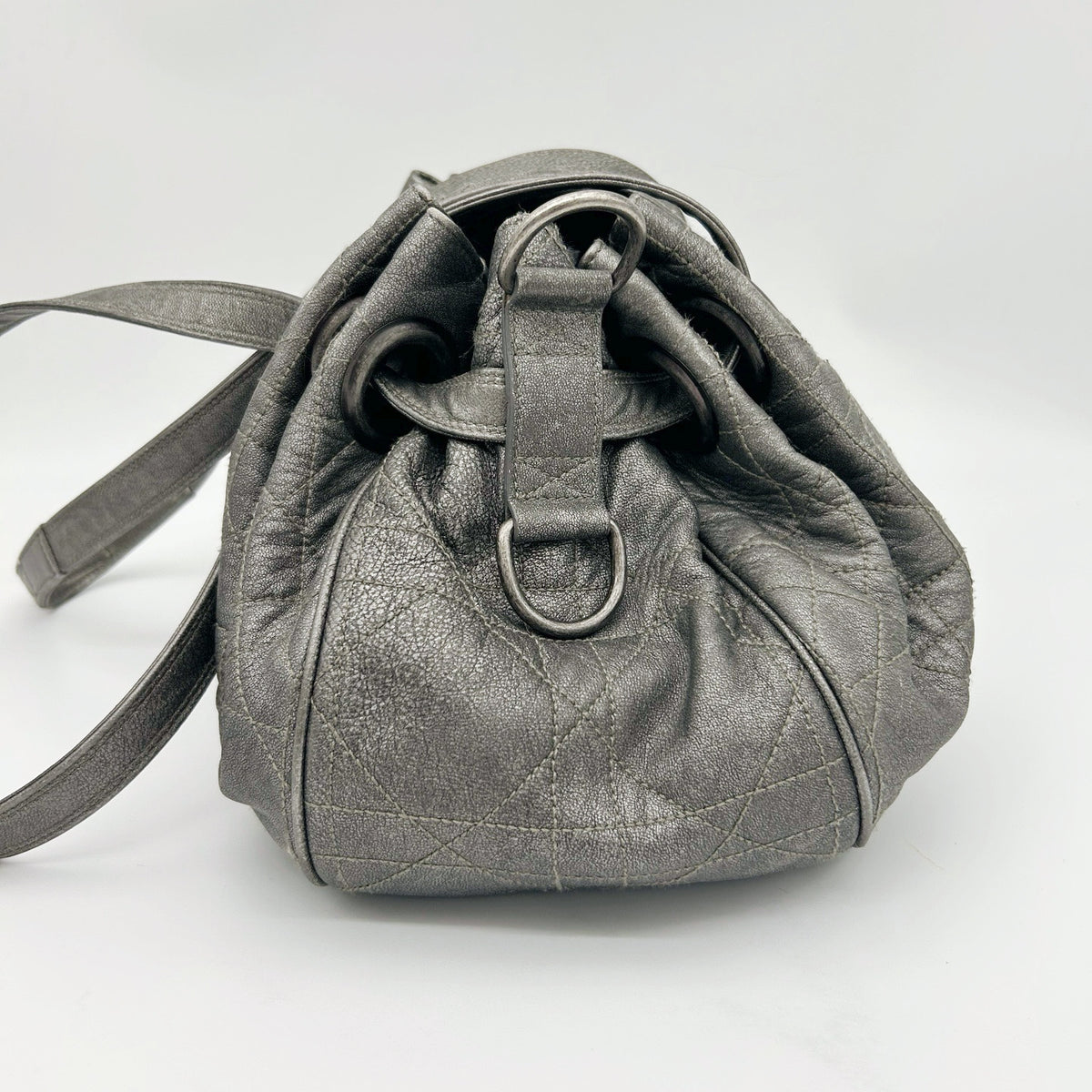 Christian Dior Cannage Drawstring Shoulder Bag Silver [Used]