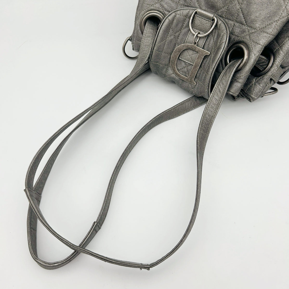 Christian Dior Cannage Drawstring Shoulder Bag Silver [Used]