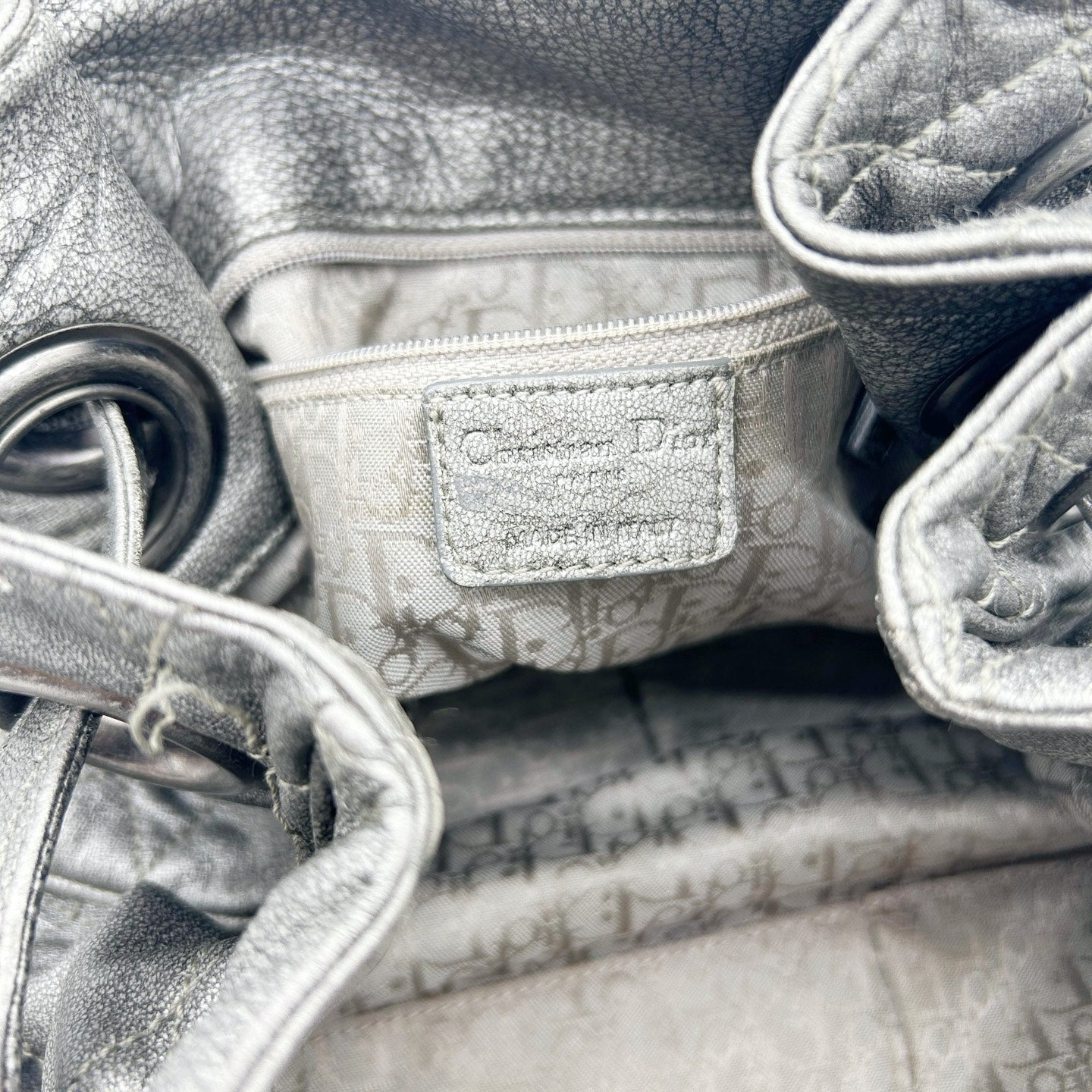 Christian Dior Cannage Drawstring Shoulder Bag Silver [Used]