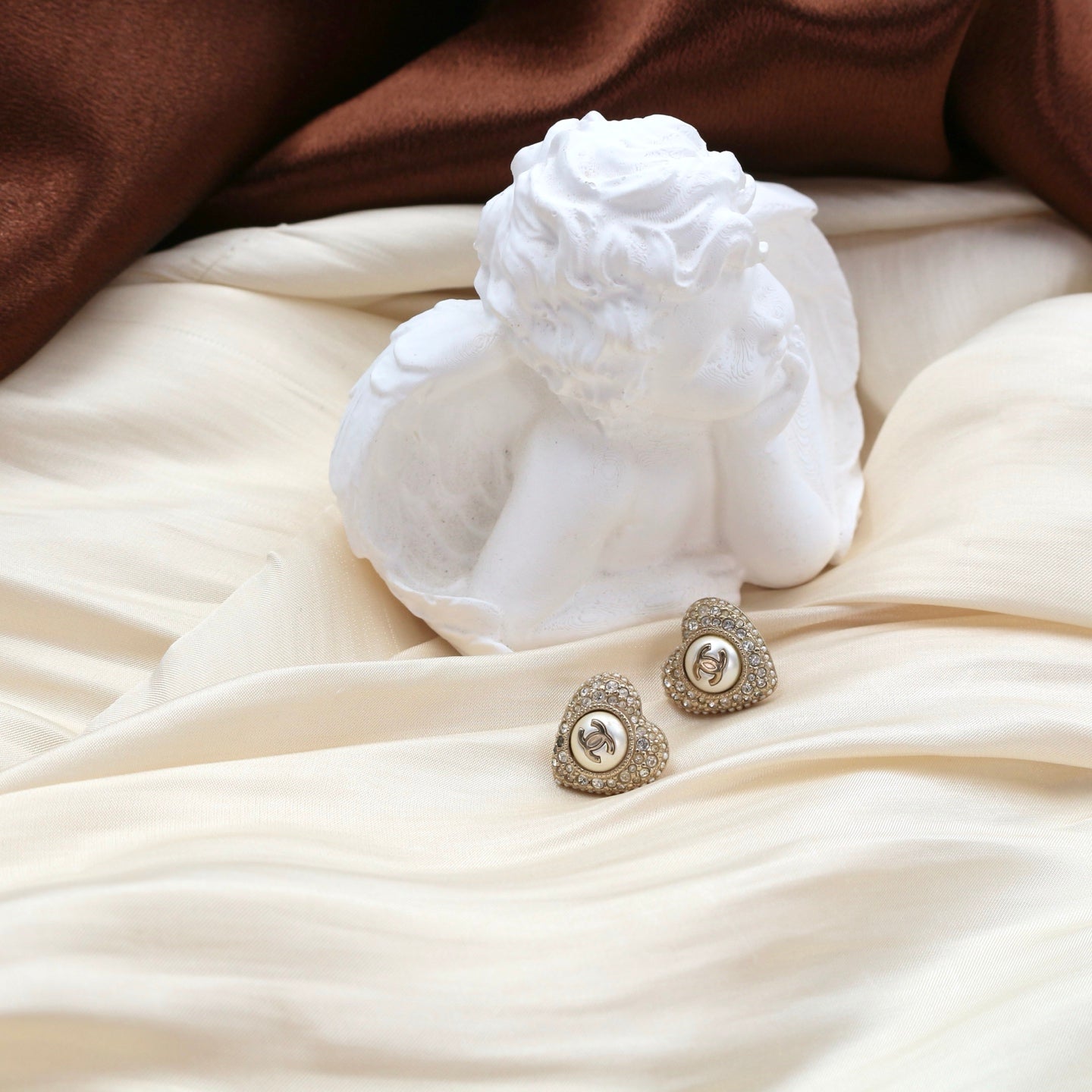Chanel Heart Faux Pearl Rhinestone Earrings F22B [Used]