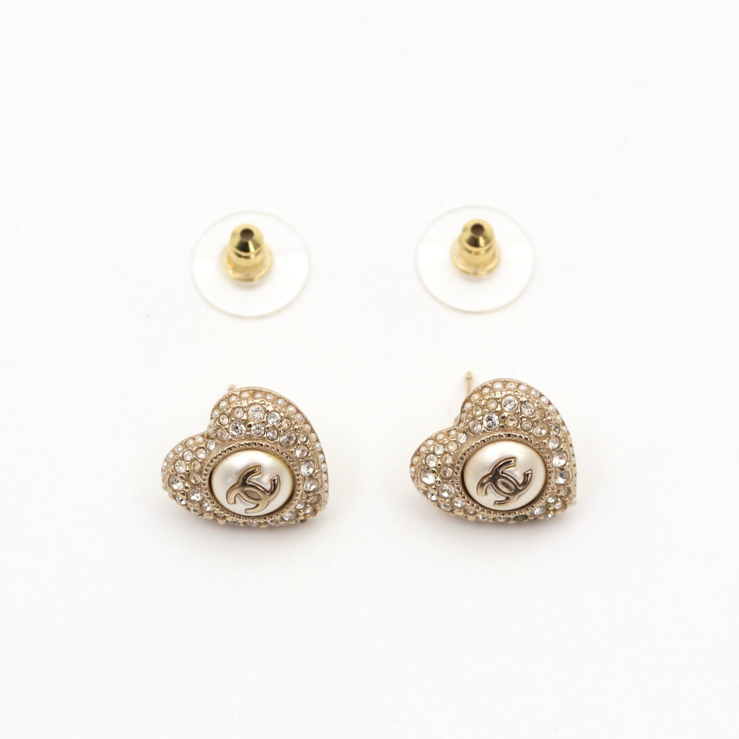 Chanel Heart Faux Pearl Rhinestone Earrings F22B [Used]