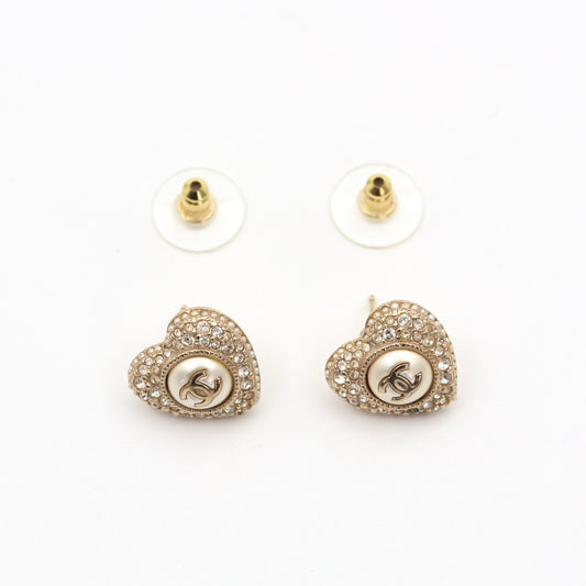 Chanel Heart Faux Pearl Rhinestone Earrings F22B [Used]