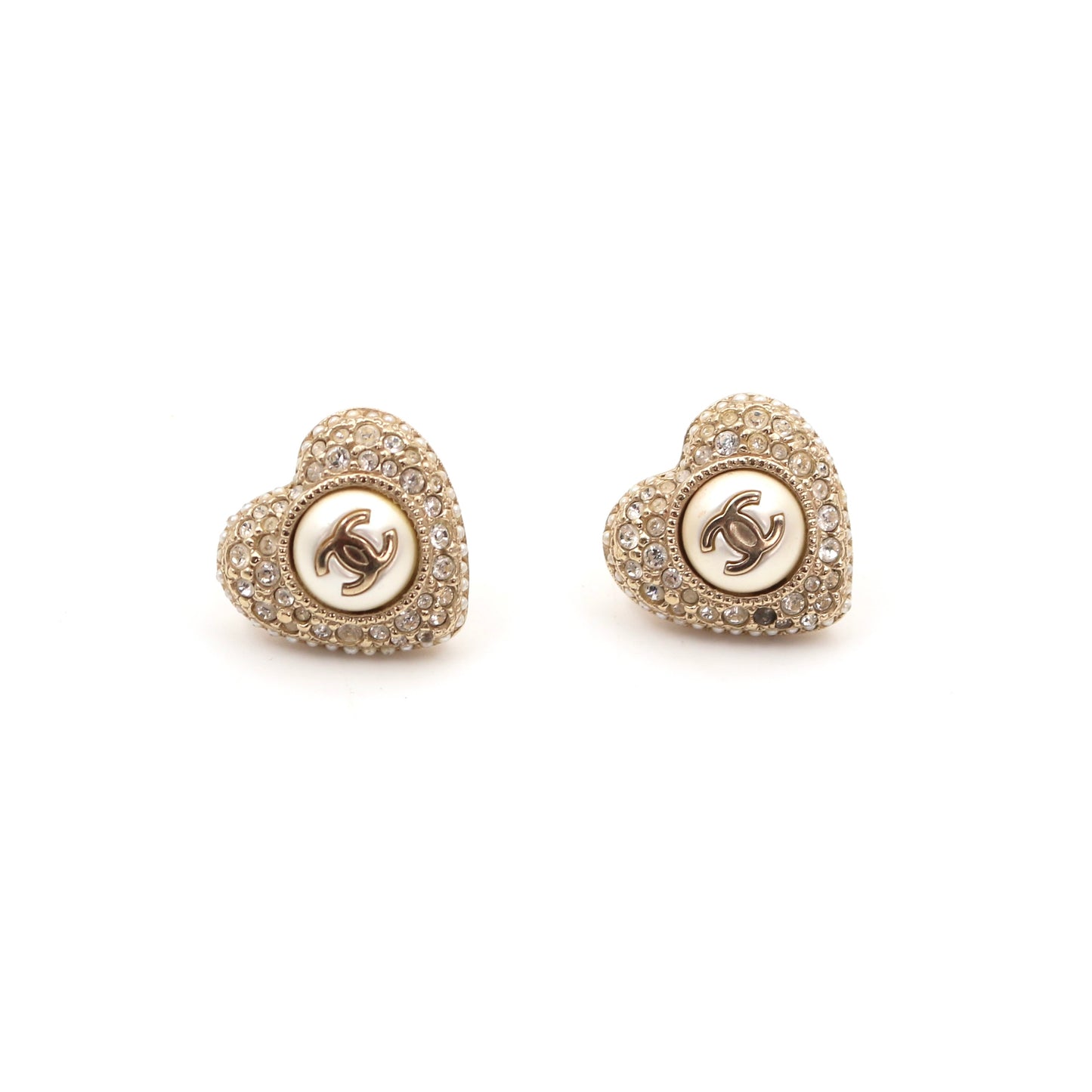 Chanel Heart Faux Pearl Rhinestone Earrings F22B [Used]