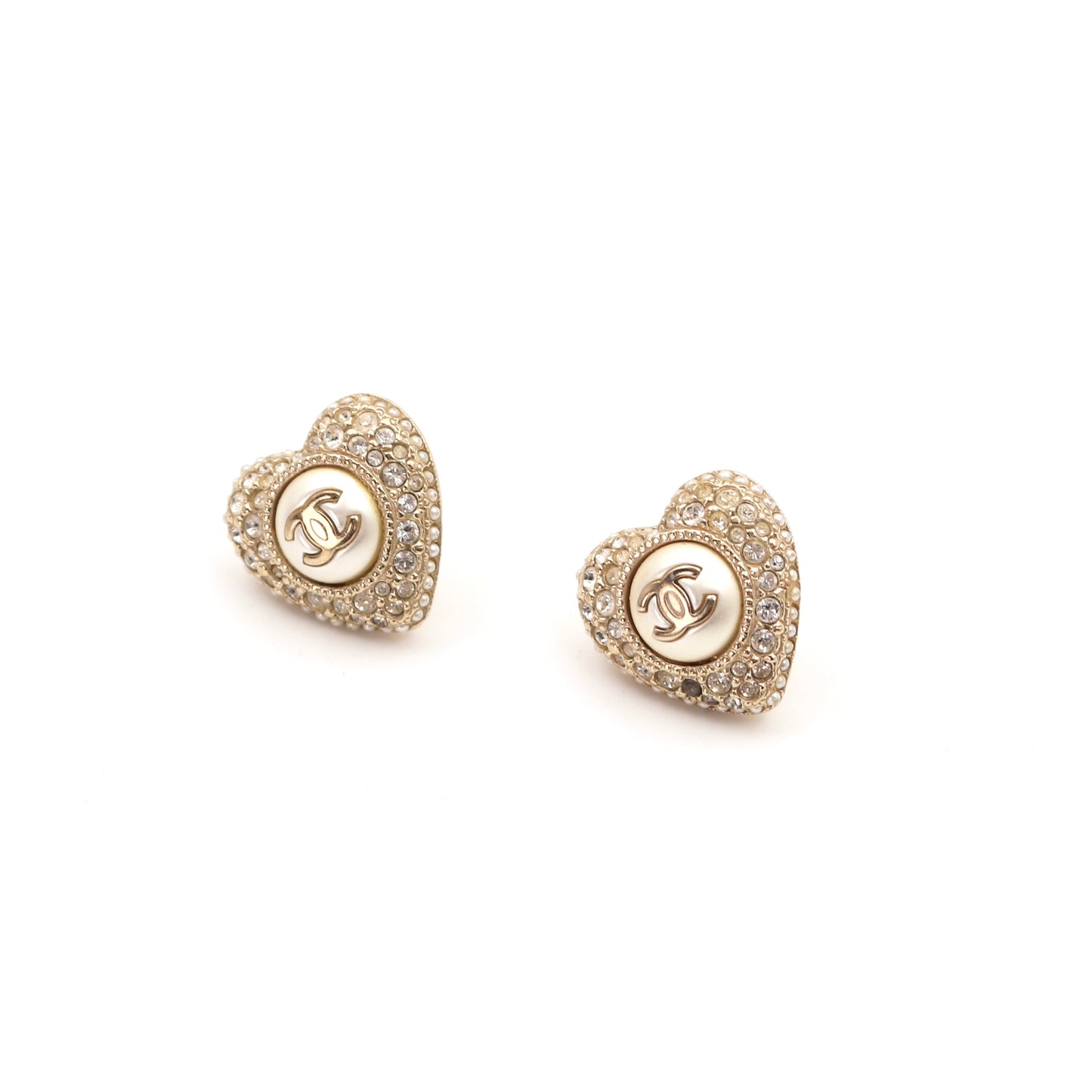 Chanel Heart Faux Pearl Rhinestone Earrings F22B [Used]