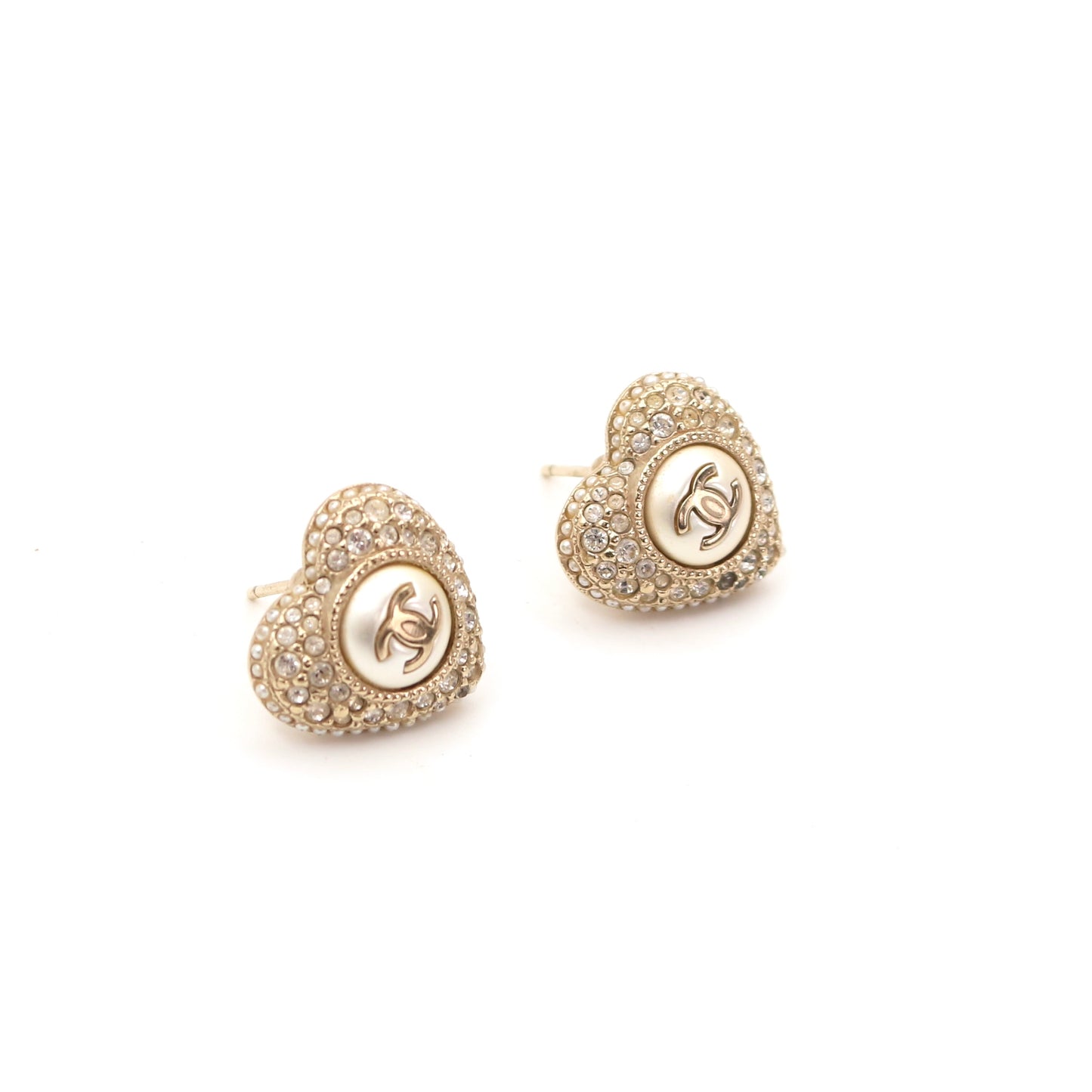 Chanel Heart Faux Pearl Rhinestone Earrings F22B [Used]