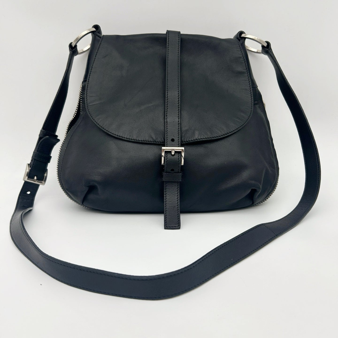 Prada Leather Messenger Saddle Bag Black Silver [Used]