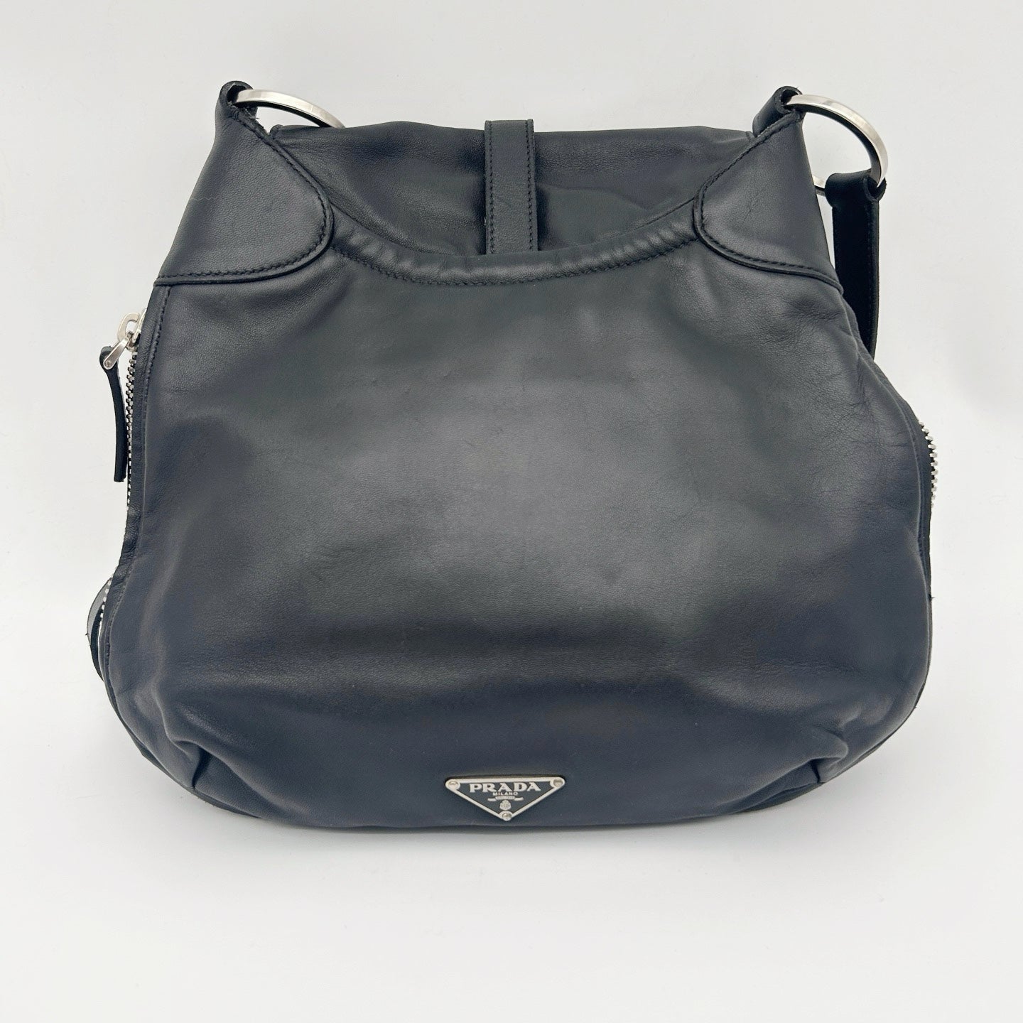 Prada Leather Messenger Saddle Bag Black Silver [Used]